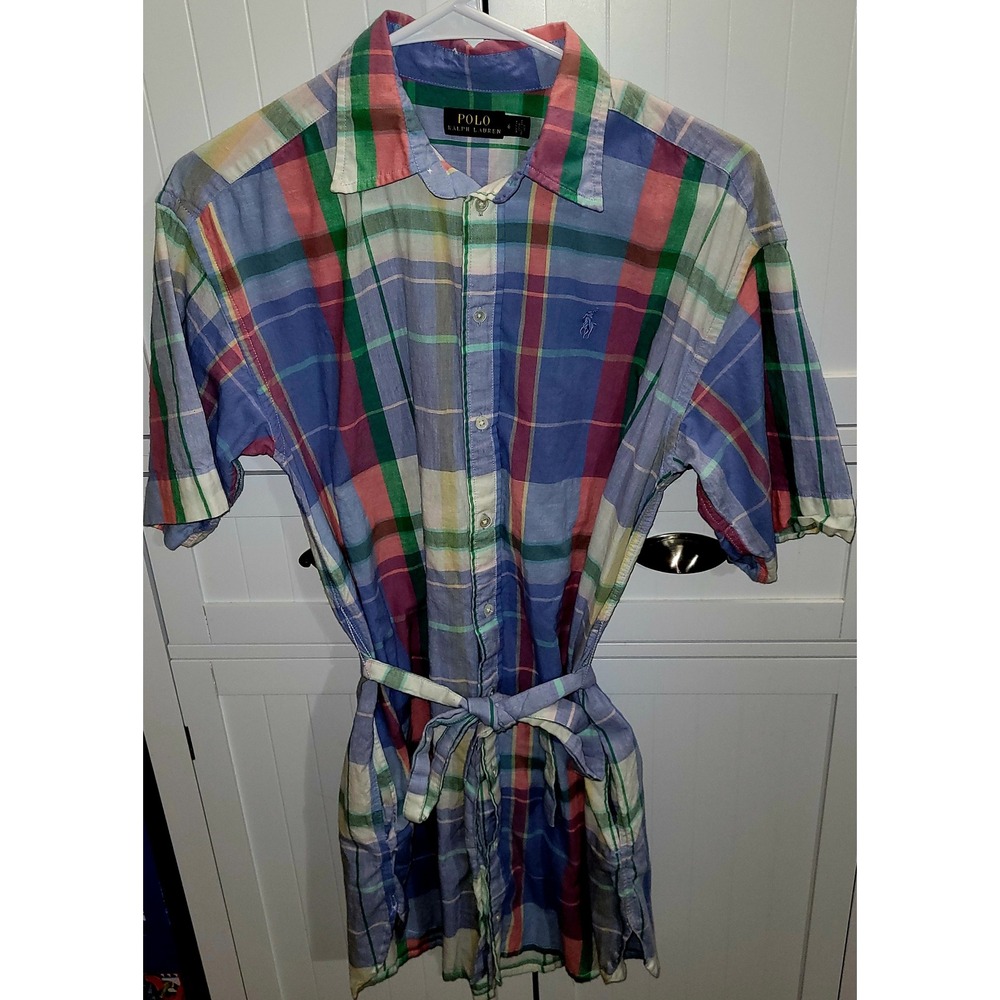 Polo Ralph Lauren Womens Plaid Shirt Dress Multicolor Short Sleeve Belted Size 6